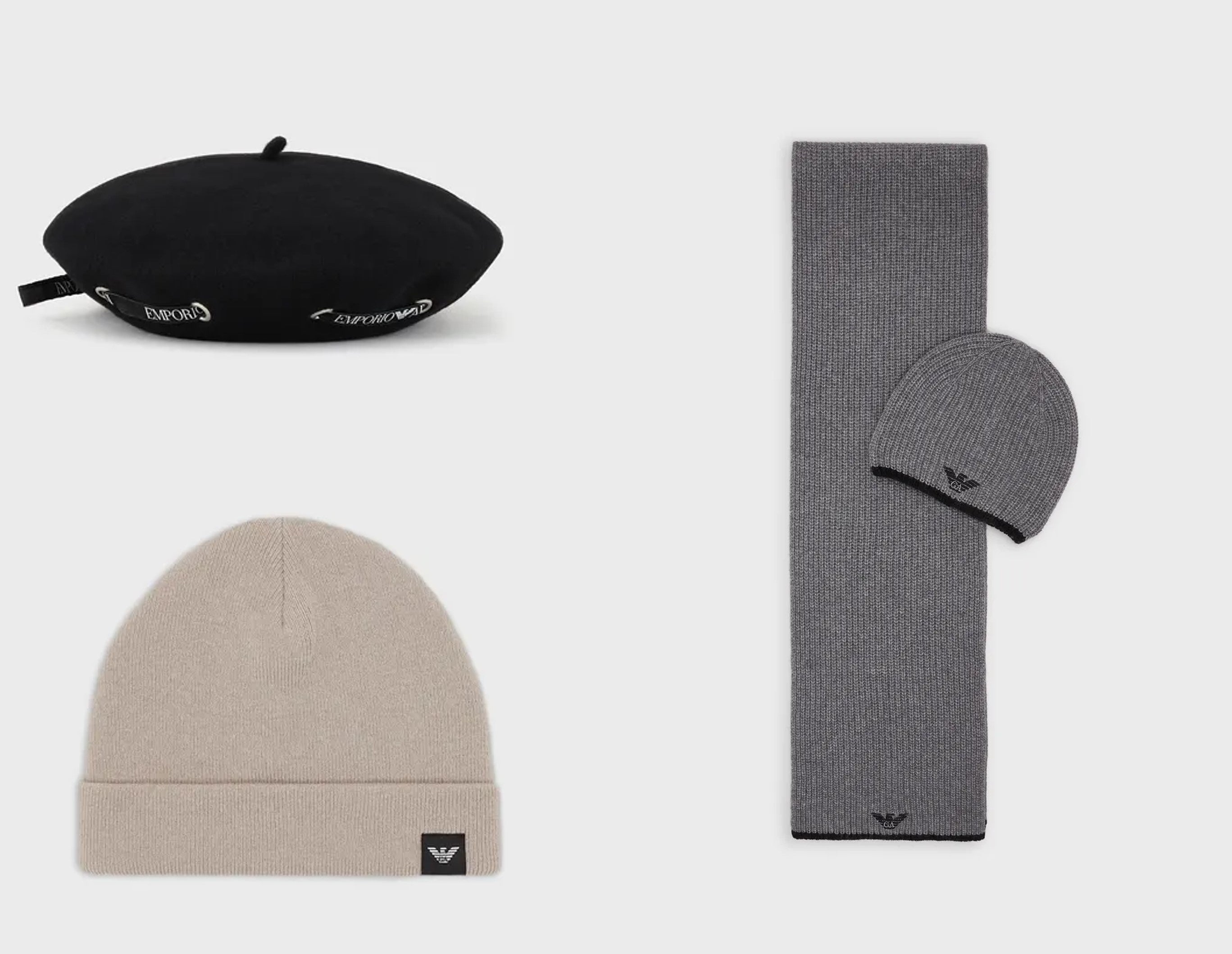 ウールベレー帽  26,400円　 リブニット帽  19,800円　 ハット＆マフラーのセット  45,100円