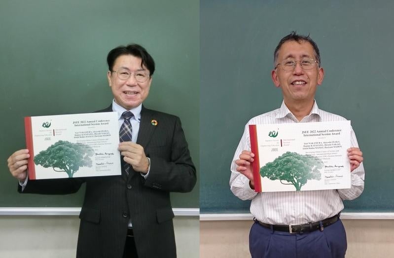 共著の岡山一宮高等学校・片山肇理数科長(左、岡山一宮高等学校)と中尾浩教諭(右、前・岡山一宮高等学校、現・倉敷古城池高等学校)