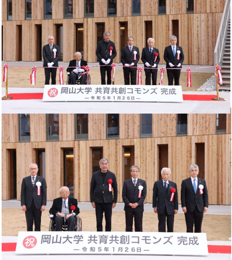 テープカットと記念撮影 （左から、阿部理事、中島会長、隈先生、槇野学長、小長会長、菅工学部長）