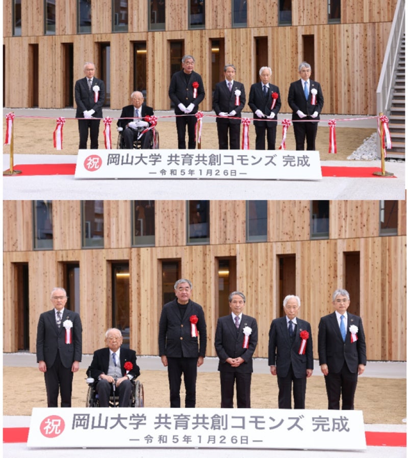 テープカットと記念撮影 (左から、阿部理事、中島会長、隈先生、槇野学長、小長会長、菅工学部長)