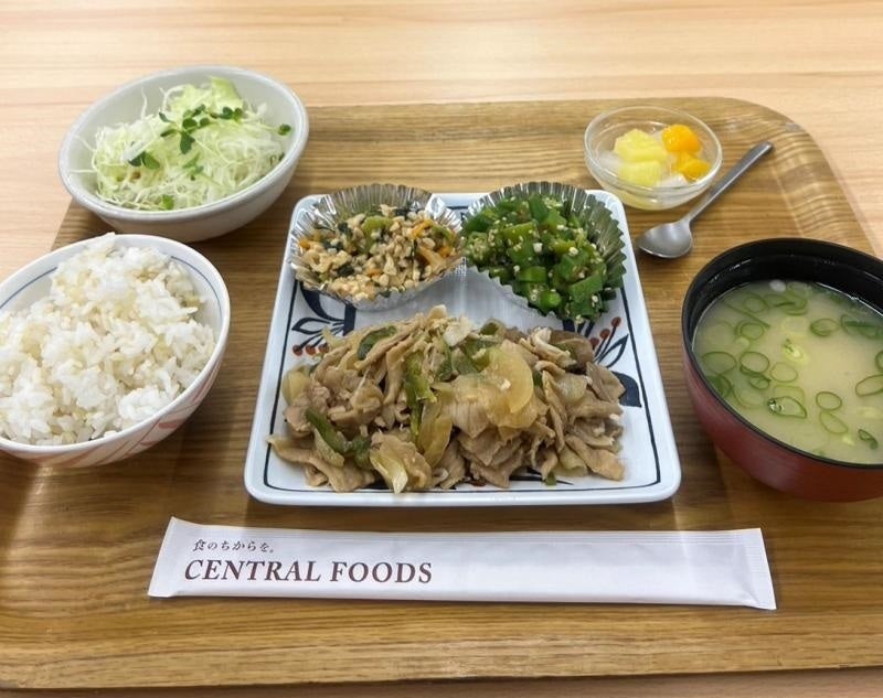 夏にぴったりなデザート付きの自然派定食で650円（税込） 写真は豚と野菜の生姜焼き、野菜たくあん納豆、オクラの胡麻和え、発芽玄米ご飯、味噌汁、フルーツポンチ（536kcal）
