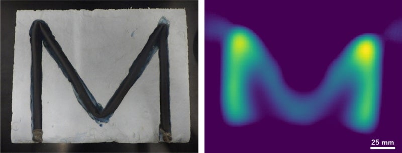 実証試験の様子（チューブに磁気粒子を注入してM字型に折り曲げ［写真左］、本装置で撮像［写真右］）