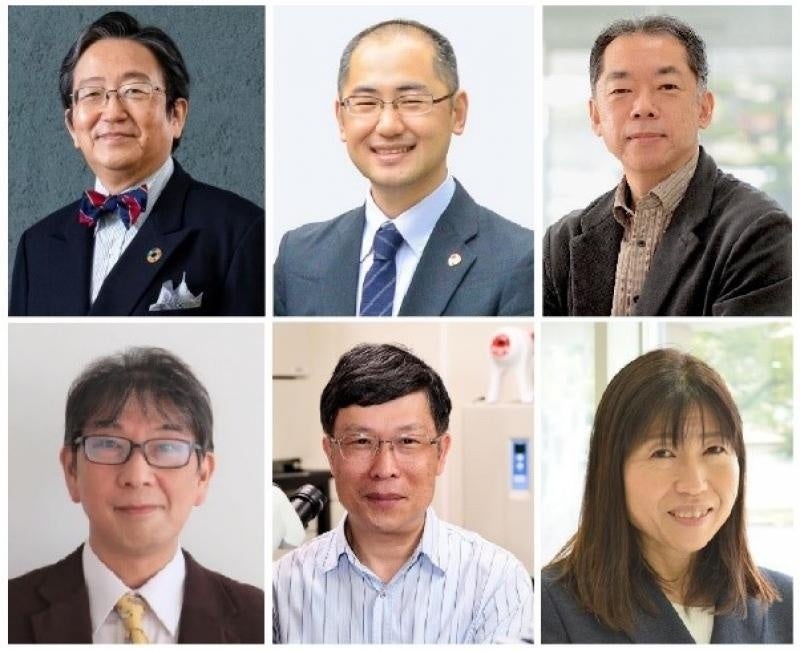 (左上から時計回りに)院長を務める那須保友学長と副院長を務める佐藤法仁副理事・副学長・URA、平山隆志所長、松本直子所長、沈建仁所長、芳野極所長