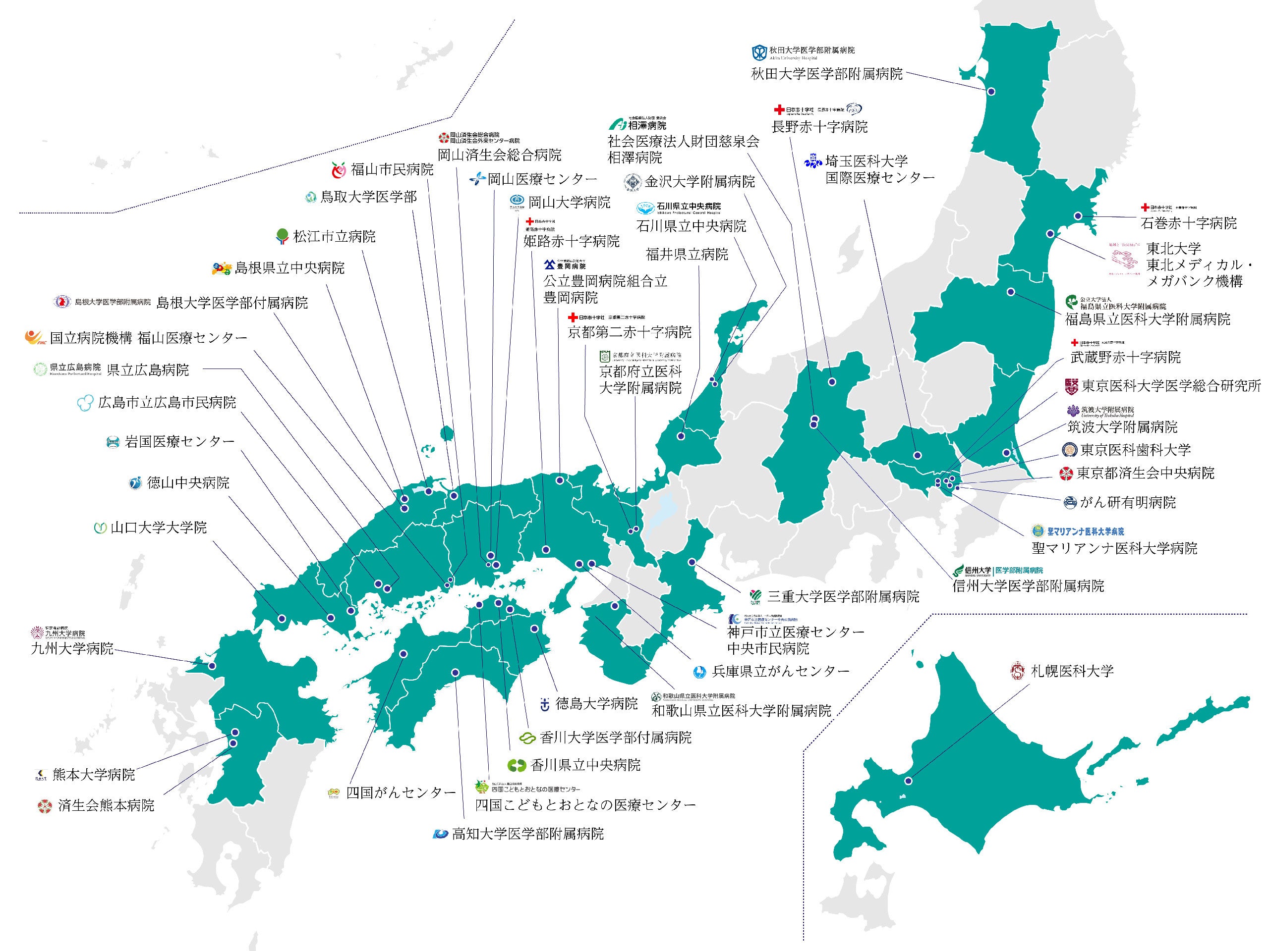 2024年4月現在の参加機関一覧（倫理申請準備中の施設も含む）。拡大図はURLからご覧いただけます。