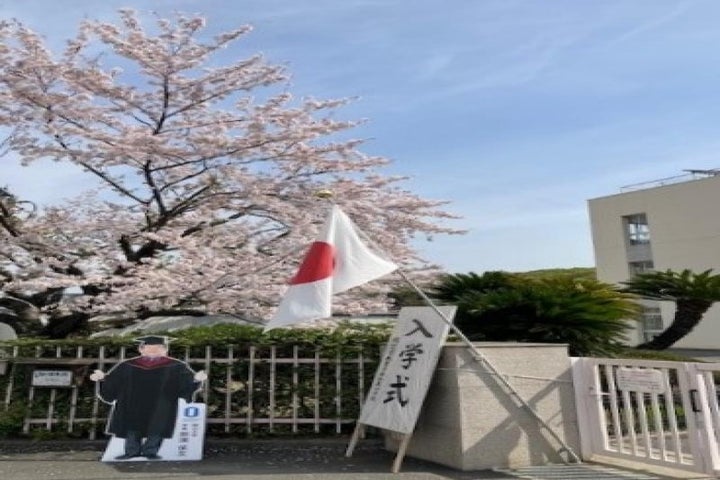 小学校の正門前で桜とともに新入生を出迎える学長パネル