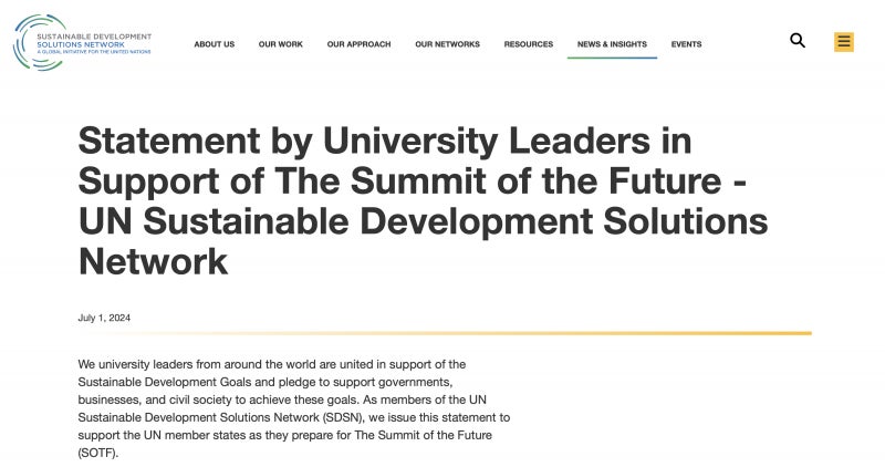 「国連未来サミット」を支持する世界の大学学長らの共同声明(SDSN HPより)