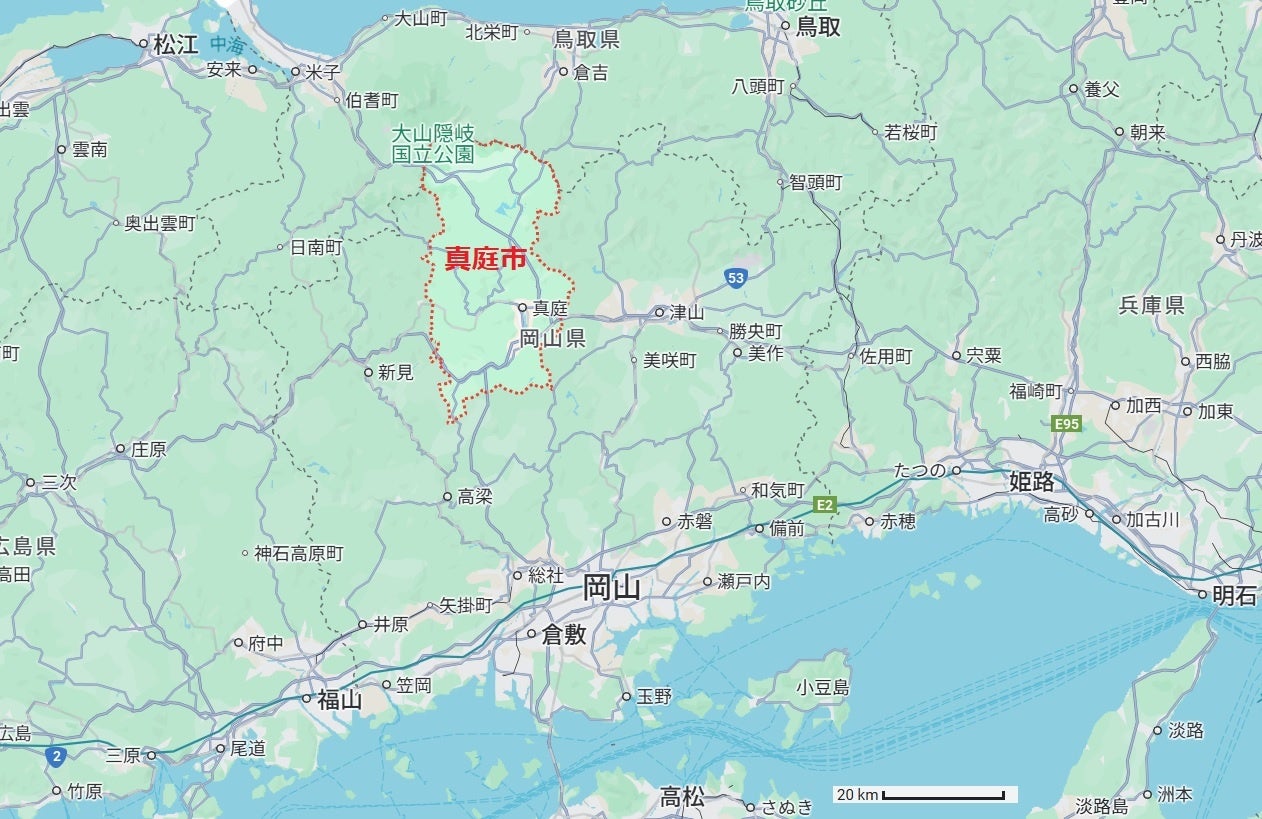 真庭市の位置(googlemapsより)