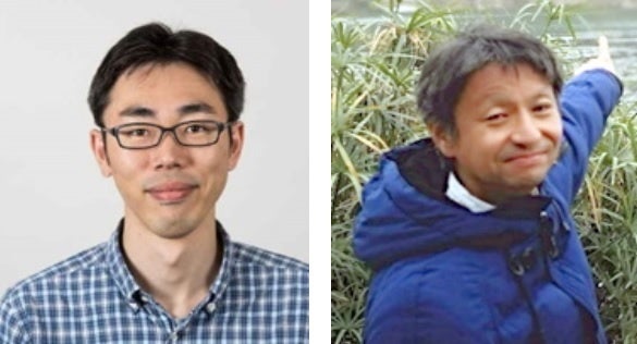 岡山大学惑星物質研究所の辻野典秀助教と山崎大輔准教授（右）