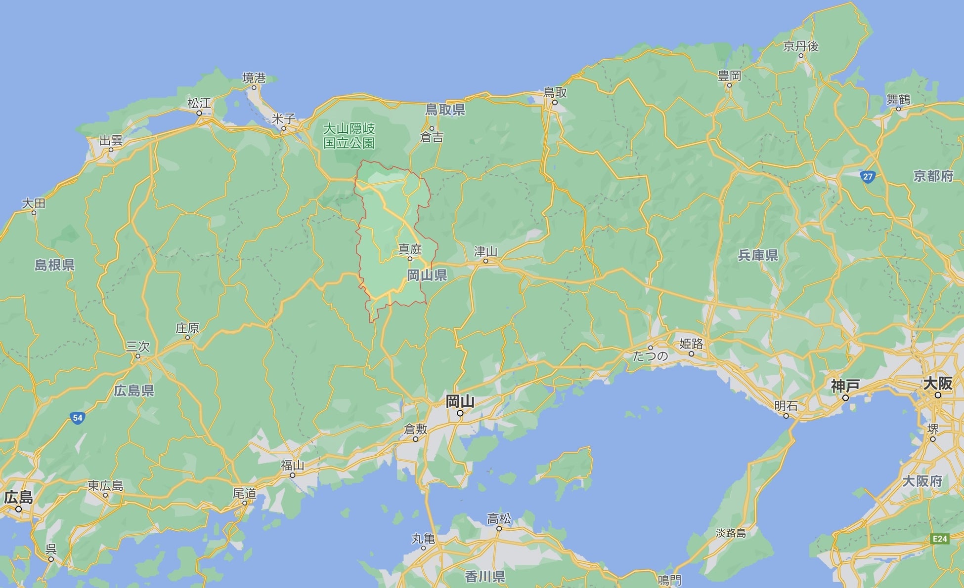 真庭市の位置(googleマップより)