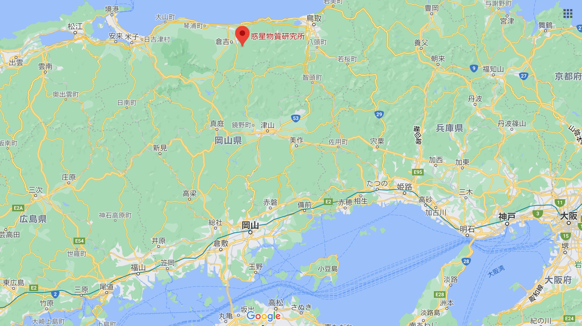 岡山大学惑星物質研究所の位置（googleマップより）