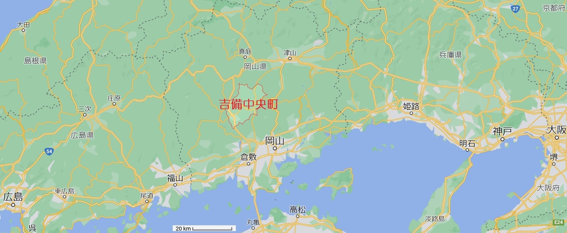 吉備中央町の位置(Googleマップより)
