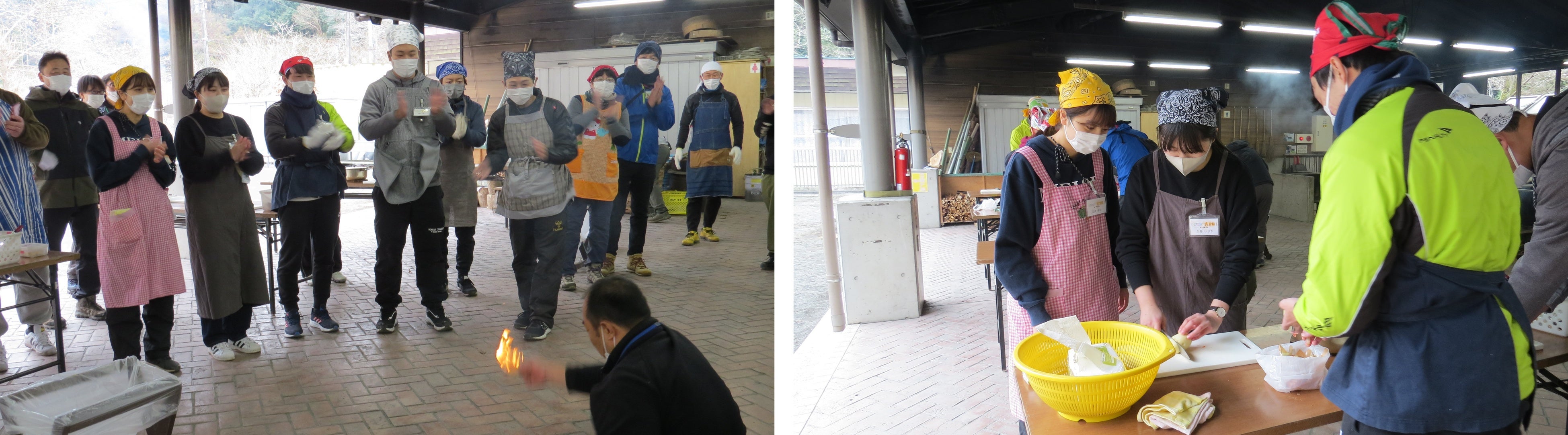 “火起こし名人”による実演と調理の様子