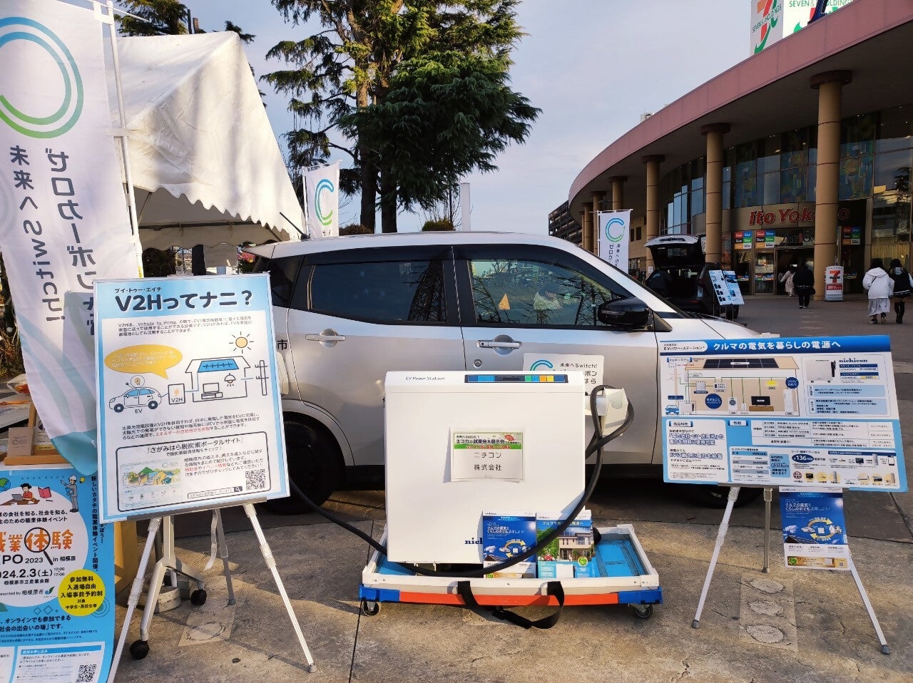 EVのバッテリーに貯めた電力を家庭で使えるV２Hのデモンストレーション