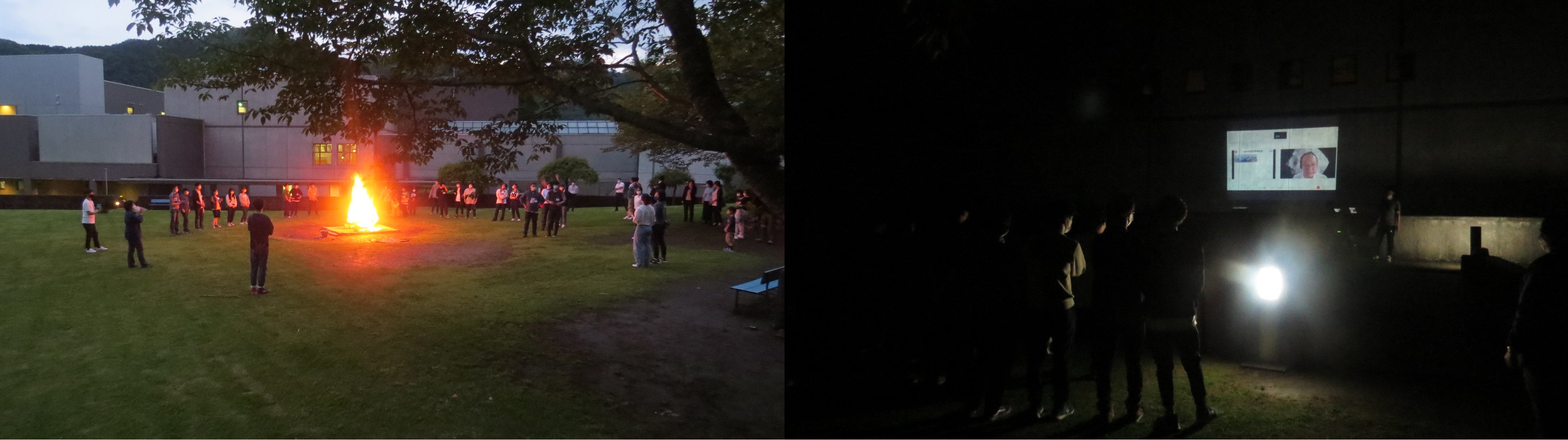 左：キャンプファイヤー、右：津田プロジェクトマネージャからのお話