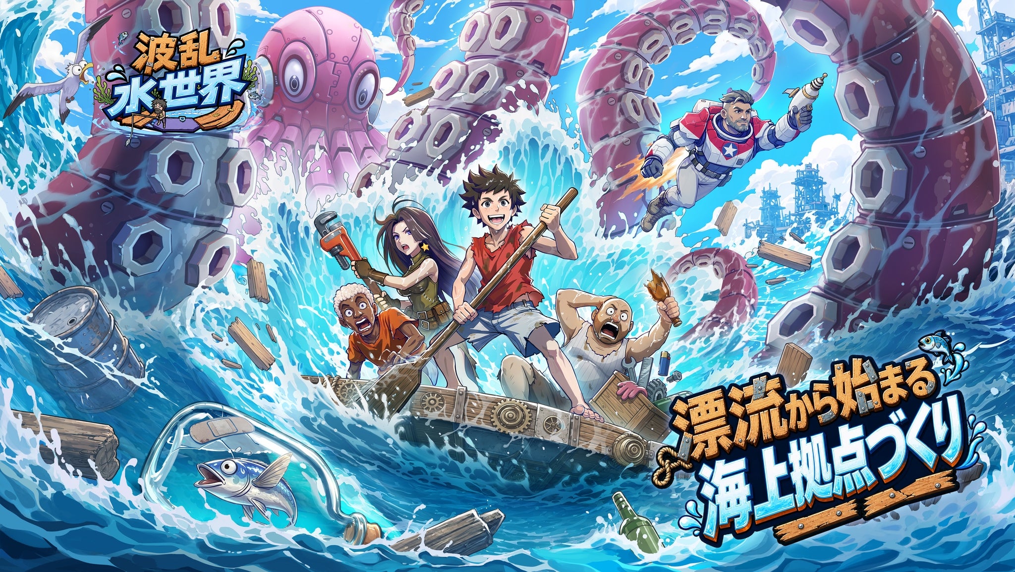 波乱水世界の海上サバイバルと仲間たちを描いた横長画像
