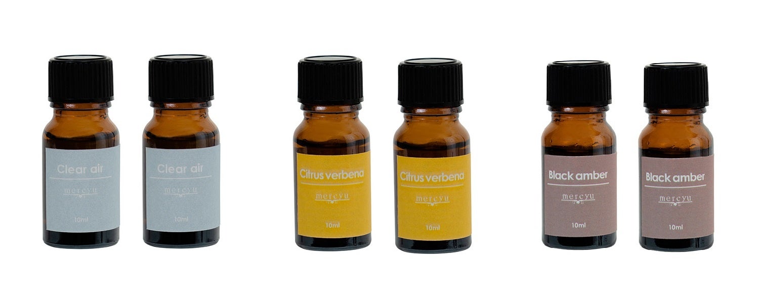 左から CL：Clear air（クリアエアー）、CV：Citrus verbena（シトラスバーベナ）、BA：Black amber（ブラックアンバー）