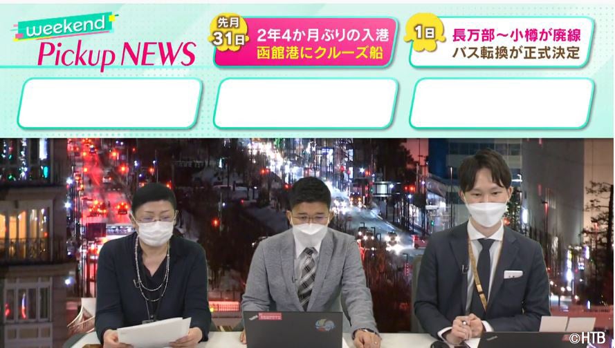 (参考・リハーサル時)普段はミニ枠の報道スタジオにクロマキーを投入して情報カメラをバックにアナウンサー、記者が登場。その週の「news topic」に沿って、エピソードや背景についてトークを行います(C)HTB