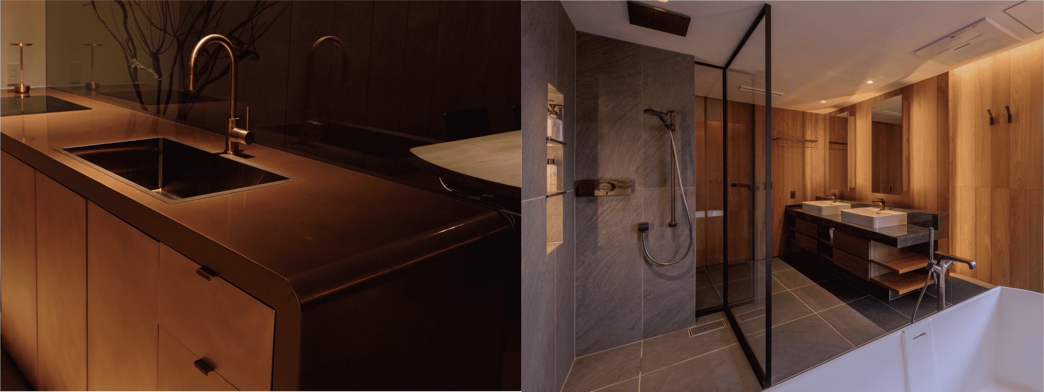 左）扉 MetalPanel ＆ 水栓・シンク ABI Interiors ＆ カウンター VeroMetal　　　右）間仕切り ALGRID