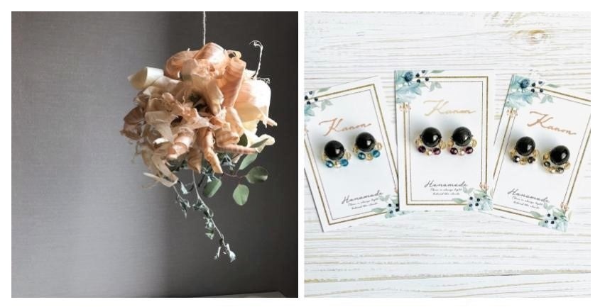 エシカルアワード出展作品（左：カンナ屑から作ったスワッグ、右：炭玉から作ったジュエリー）