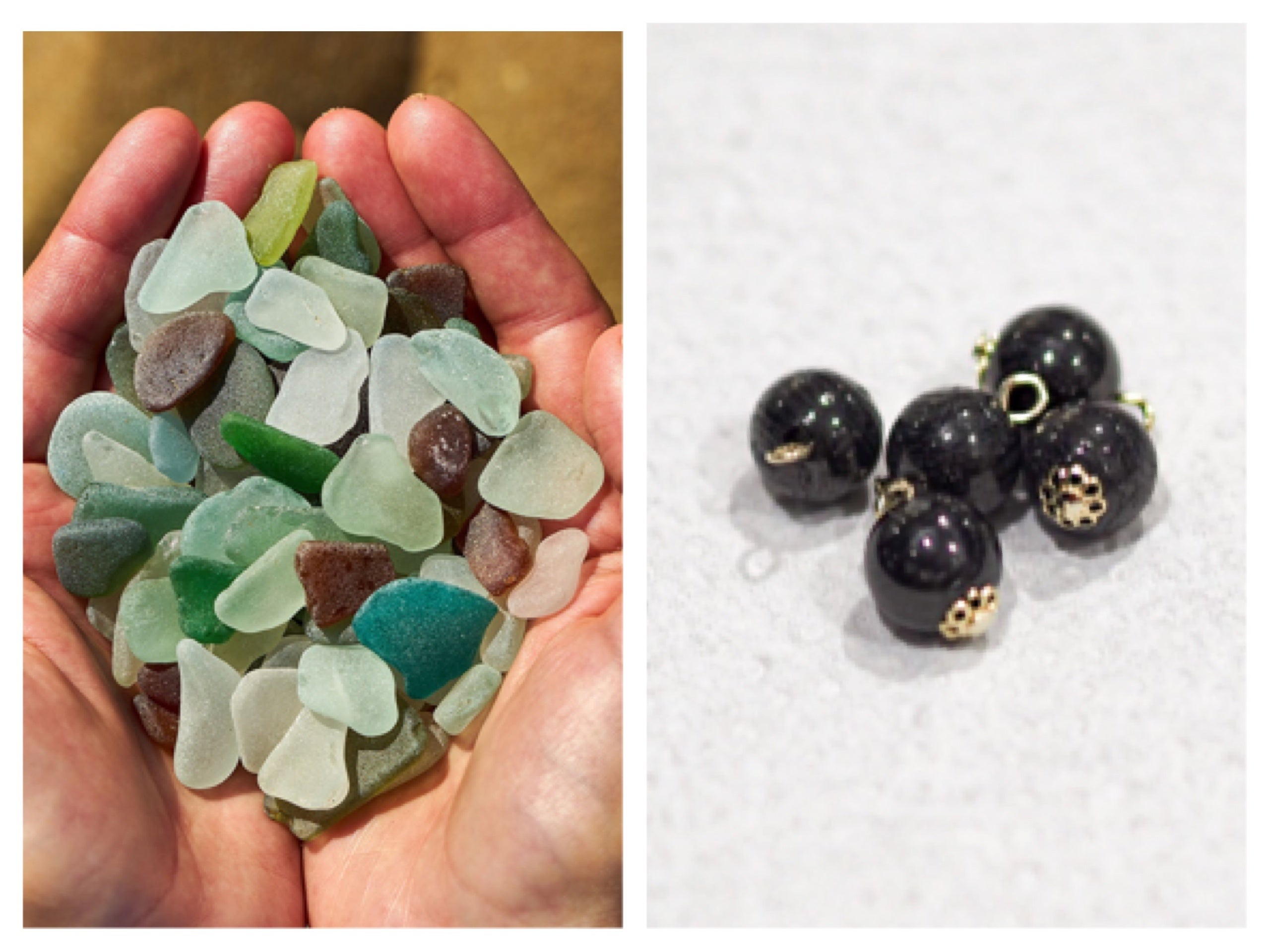 素材紹介（左：シーグラス、右：炭玉）