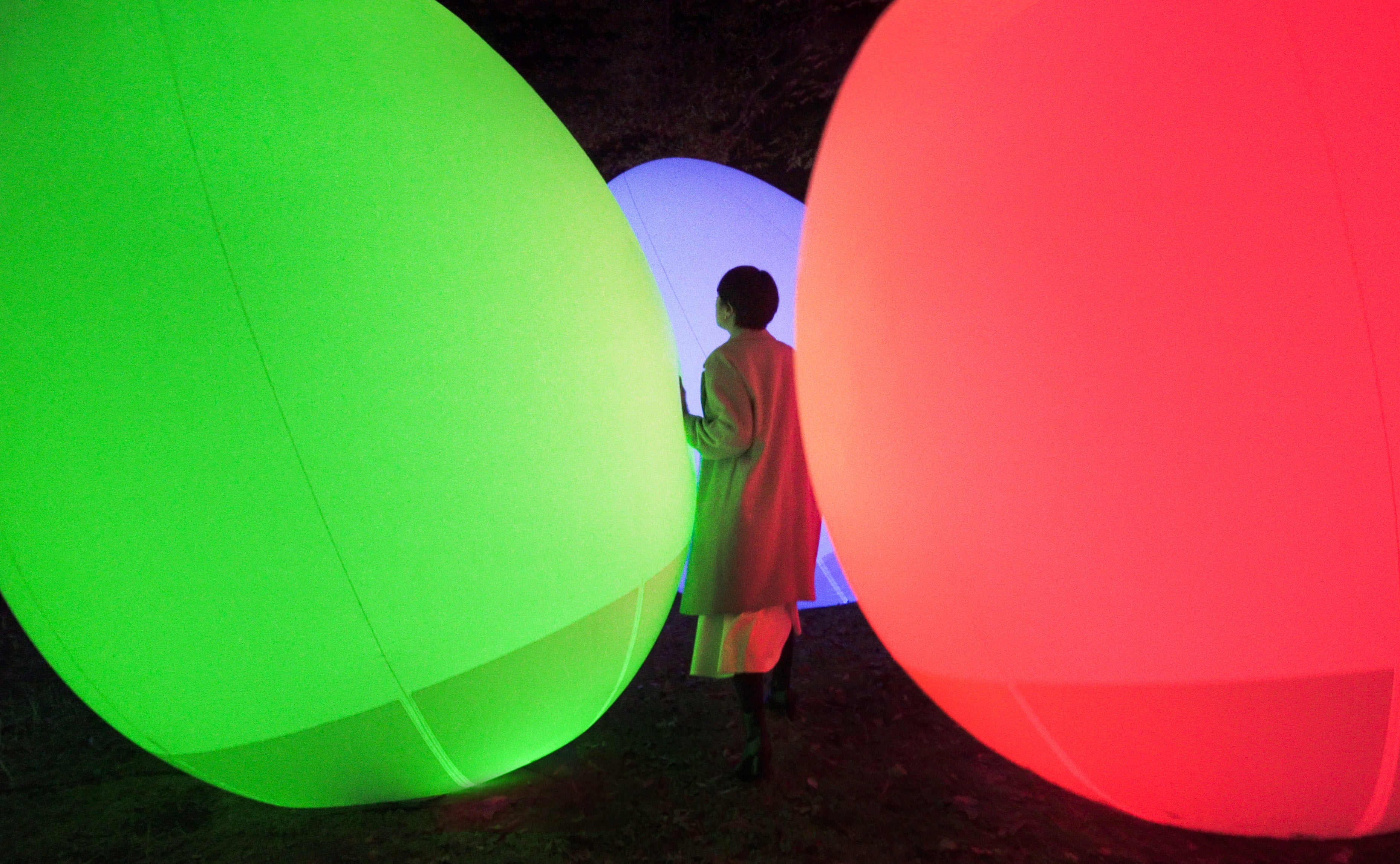 光のovoid（卵形体）が、人に押されたり、風に吹かれたりして倒れると、立ち上がりながら光の色を変え、色特有の音色を響かせます。チームラボ《自立しつつも呼応する生命》© チームラボ