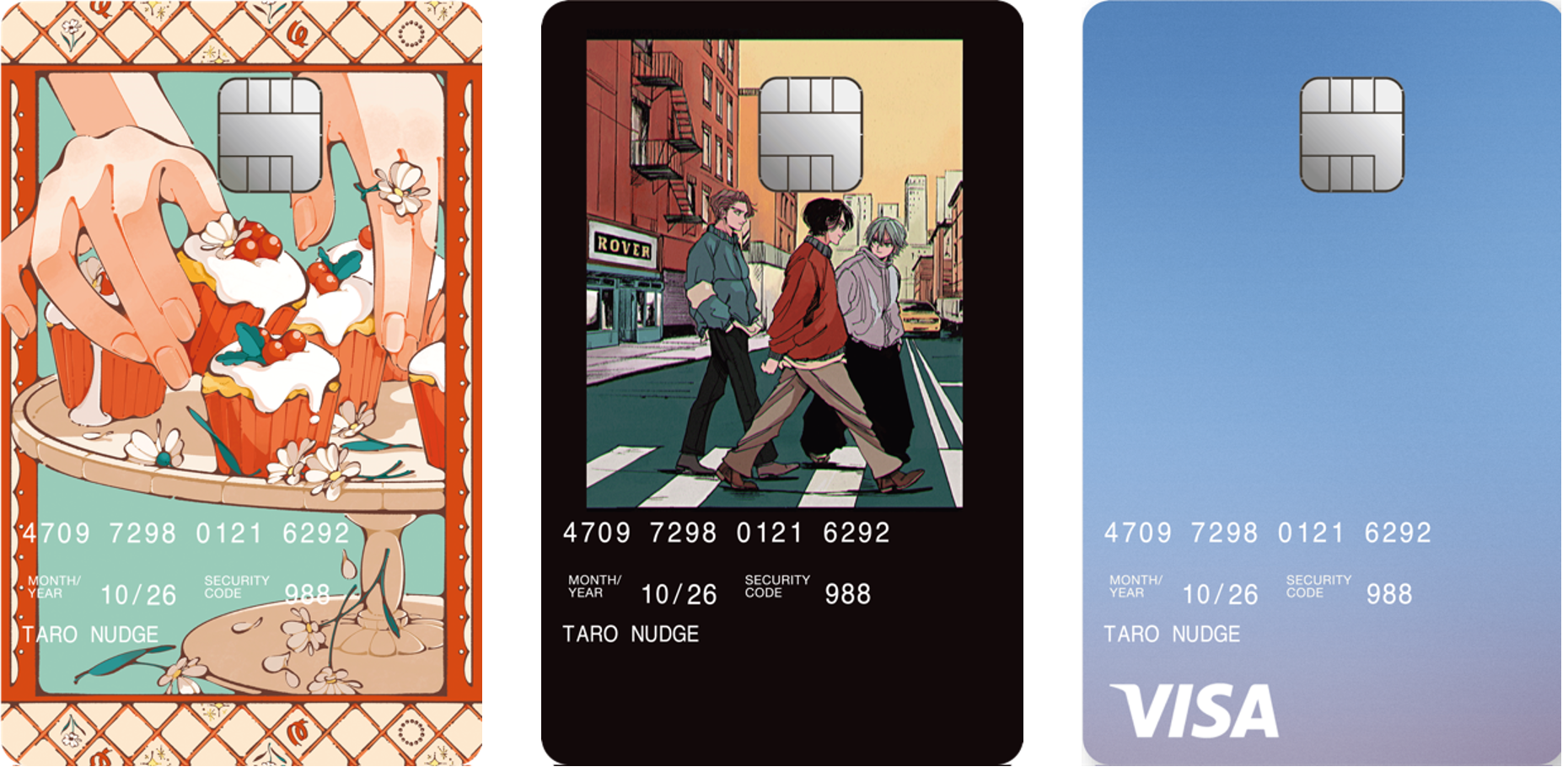 左から：日菜乃さん・Bissさん・Nudgeデザイン　※日菜乃さん・Bissさんデザインのクレジットカードは2023年3月30日にリリースされ、Visaブランドロゴが掲載されます。
