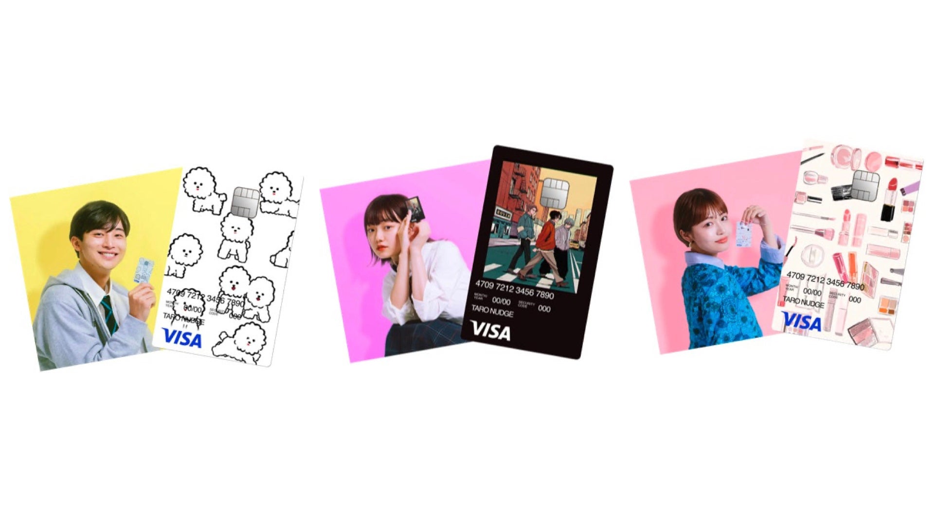 左から、思わず癒されるふわふわなビジョンフリーゼカード、独特の世界観で人気のBissさんのイラストカード、淡いピンクがかわいいコスメ柄カード