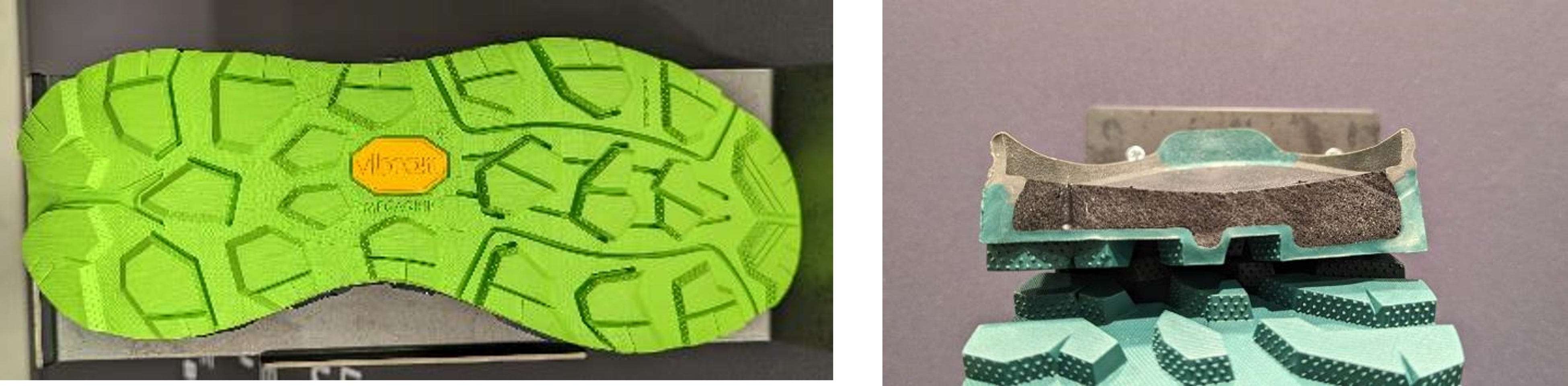 ※左から、アウトソール（ヴィブラムラバー）、ミッドソールコア（充填PU）