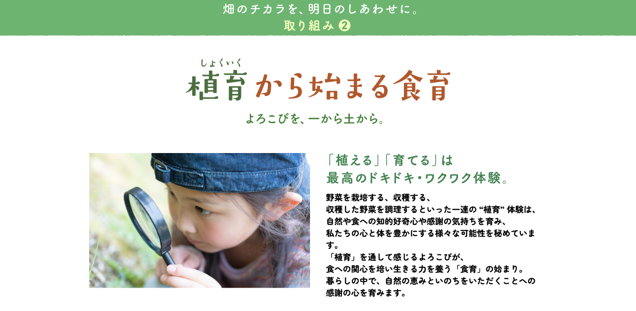 「不思議の畑プロジェクト」WEBサイト“植育から始まる食育”ページイメージ