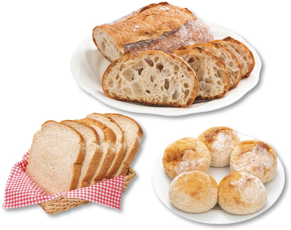 （よつ葉小麦を一部使用したパン。上から時計回りに）よつ葉小麦の石臼挽きカンパーニュ、よつ葉小麦の湯種パン、よつ葉小麦の全粒粉食パン