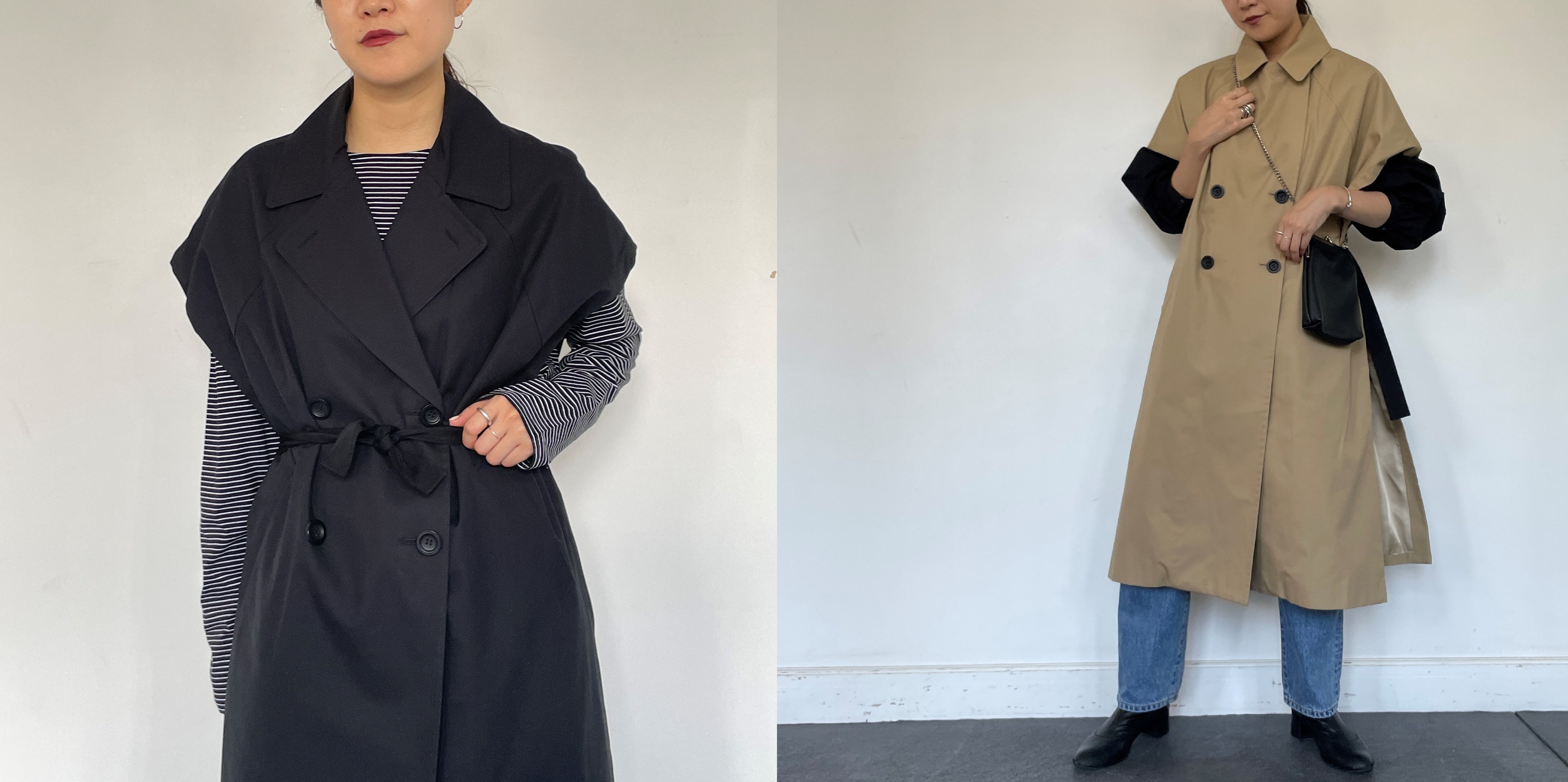 【ENTO】トレンチベストカラーバリエーション：ブラック・ベージュ