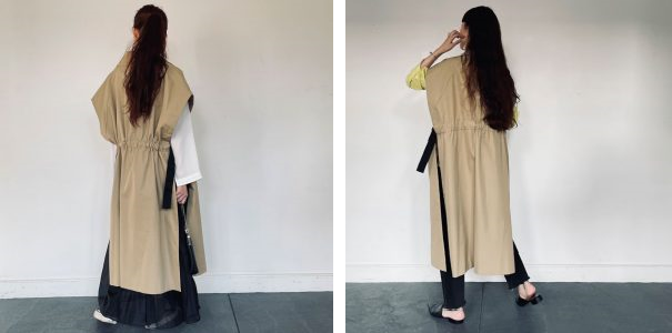 【ENTO】トレンチベストのベルトを絞るとき（左）と垂らすとき
