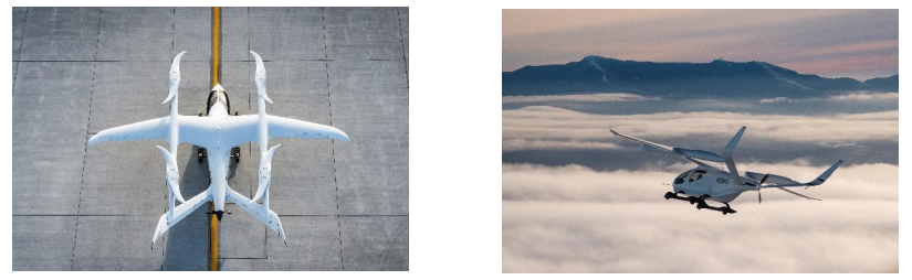 【左から開発中のeVTOL機体ALIA-250（提供：BETA Technologies）と米国でテスト飛行中のALIA-250（テスト機）（提供：BETA Technologies）】