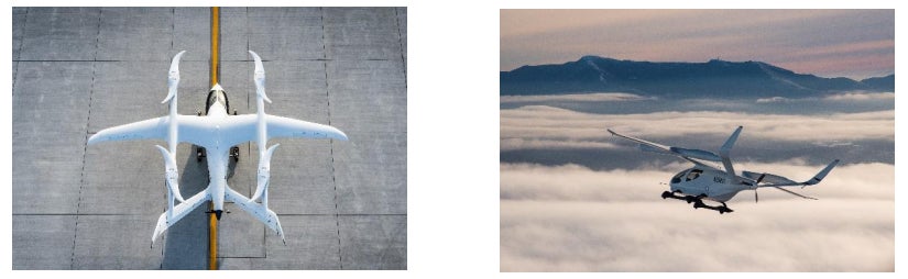 【左から開発中のeVTOL機体ALIA-250(提供:BETA Technologies)と米国でテスト飛行中のALIA-250(テスト機)(提供:BETA Technologies)】