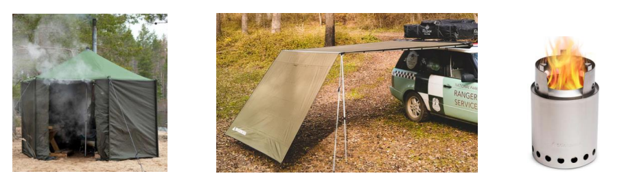 【主な展示物のイメージ：左から、サウナテント、タープテント、ソロストーブ】