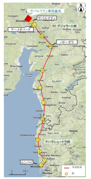 【ムンバイ～アーメダバード間高速鉄道路線計画（出典：国際協力機構）】