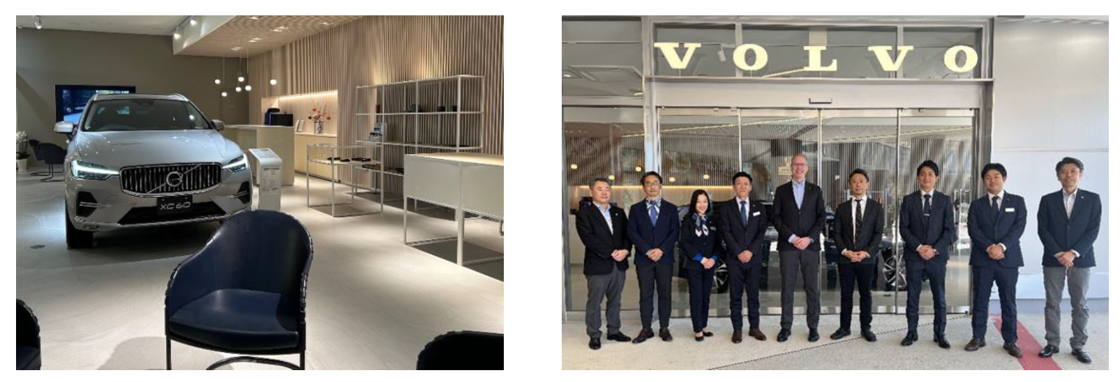 【左からボルボ・ギャラリー松山店内とVCJマーティン・パーソン社長と関係者】