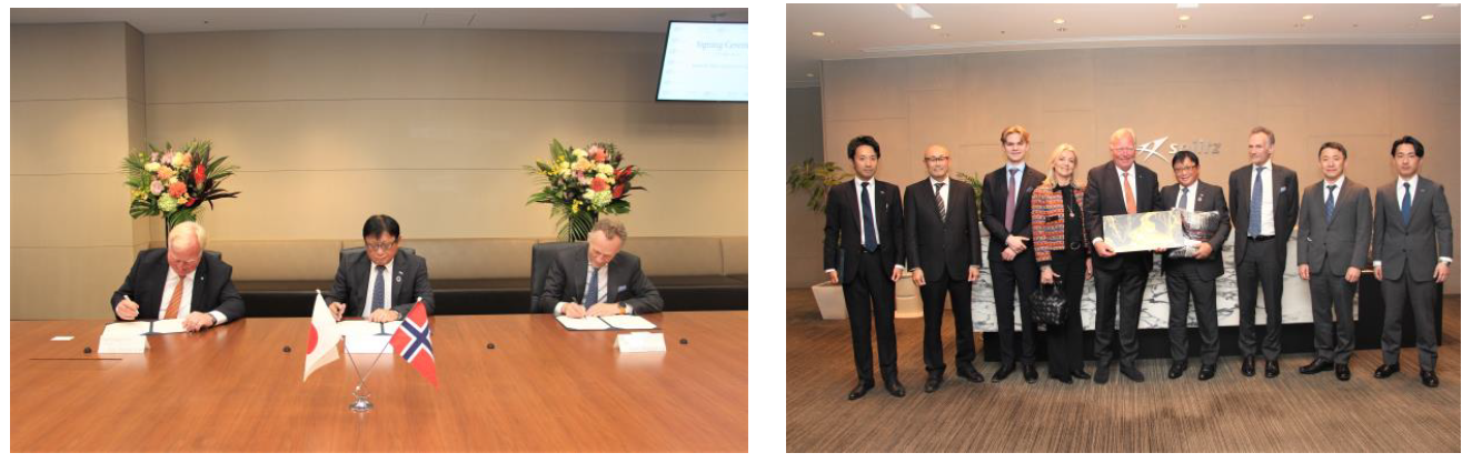 【調印式の様子】 左図：左からNils Petter Gill 会長（Gill Gruppen AS）、藤本社長（双日）、 Leif Madsberg CEO（Pongo AS）