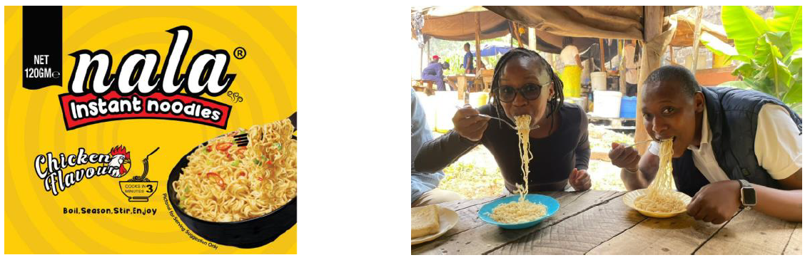 【商品パッケージおよびケニアで即席麺nalaを試食している様子】