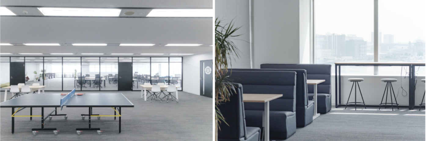 卓球台やカフェカウンターの設置により社内コミュニケーションが活発に