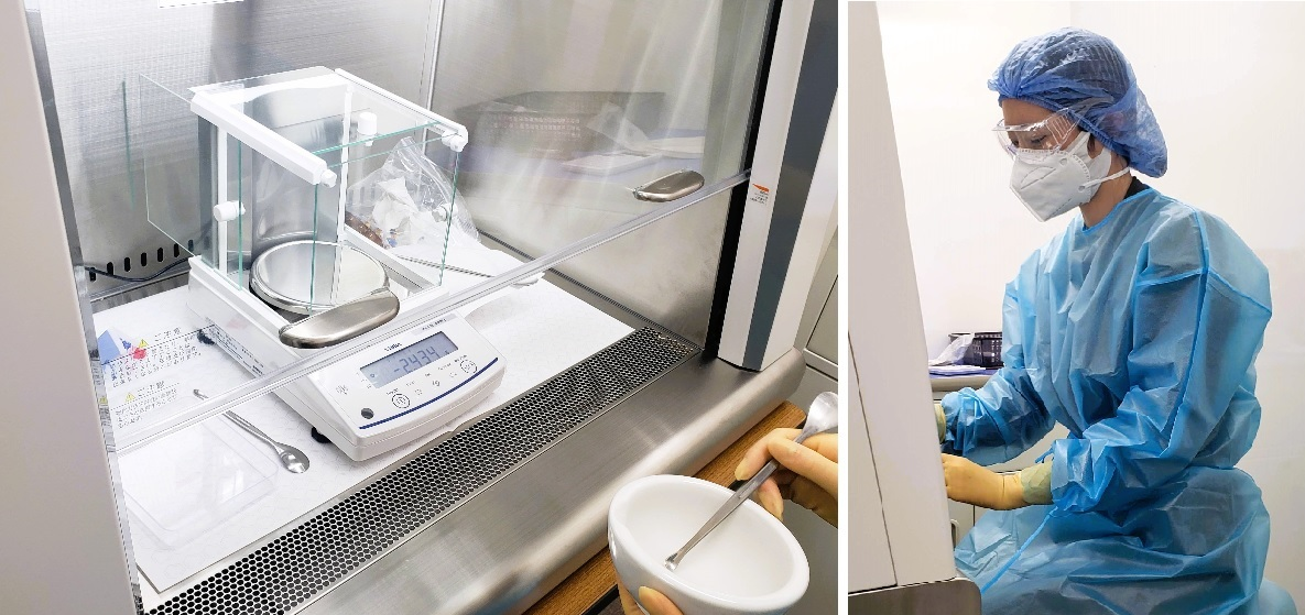 写真左から 安全キャビネット、防護服