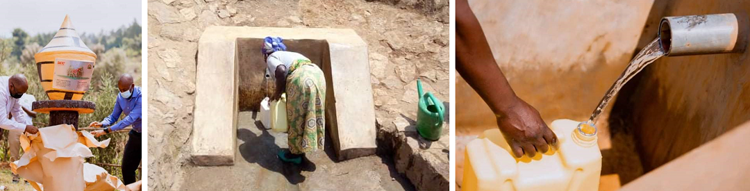 左：2021年10月に行われた取水場の竣工式　中央：地域住民の水へのアクセシビリティも大幅に向上　右：清潔な水が流れている