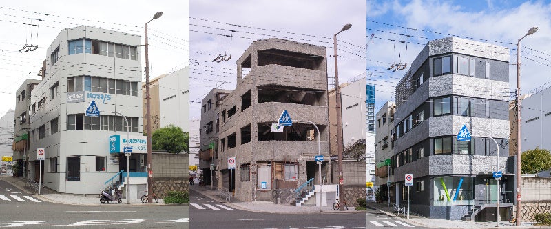 『耐震Reビルド®』で改修した当社本社ビル　（左）改修前、（中）工事中、（右）改修後