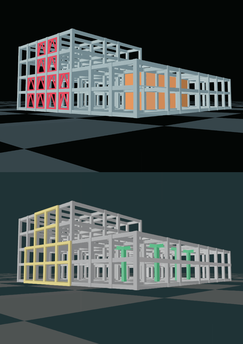 （上）一般的な補強方法、（下）リーテックの補強方法