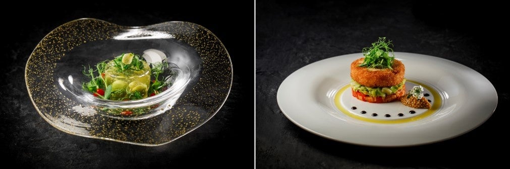 アミューズ＜蚕豆とクリアトマトのセルクル＞　×　メイン＜ソイミートのコートレット＞