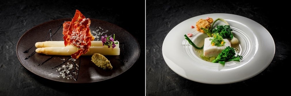 前菜＜ホワイトアスパラガス クリスピー生ハム ソイソース＞　×　メイン＜真鯛と甘海老の白ワイン蒸し 蛤の潮仕立＞