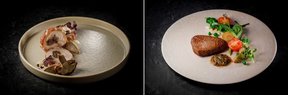 前菜＜錦爽鶏のバロティーヌ 原木 椎茸ピューレ＞　×　メイン＜常陸牛フィレ肉のポワレ ロックフォールソース＞