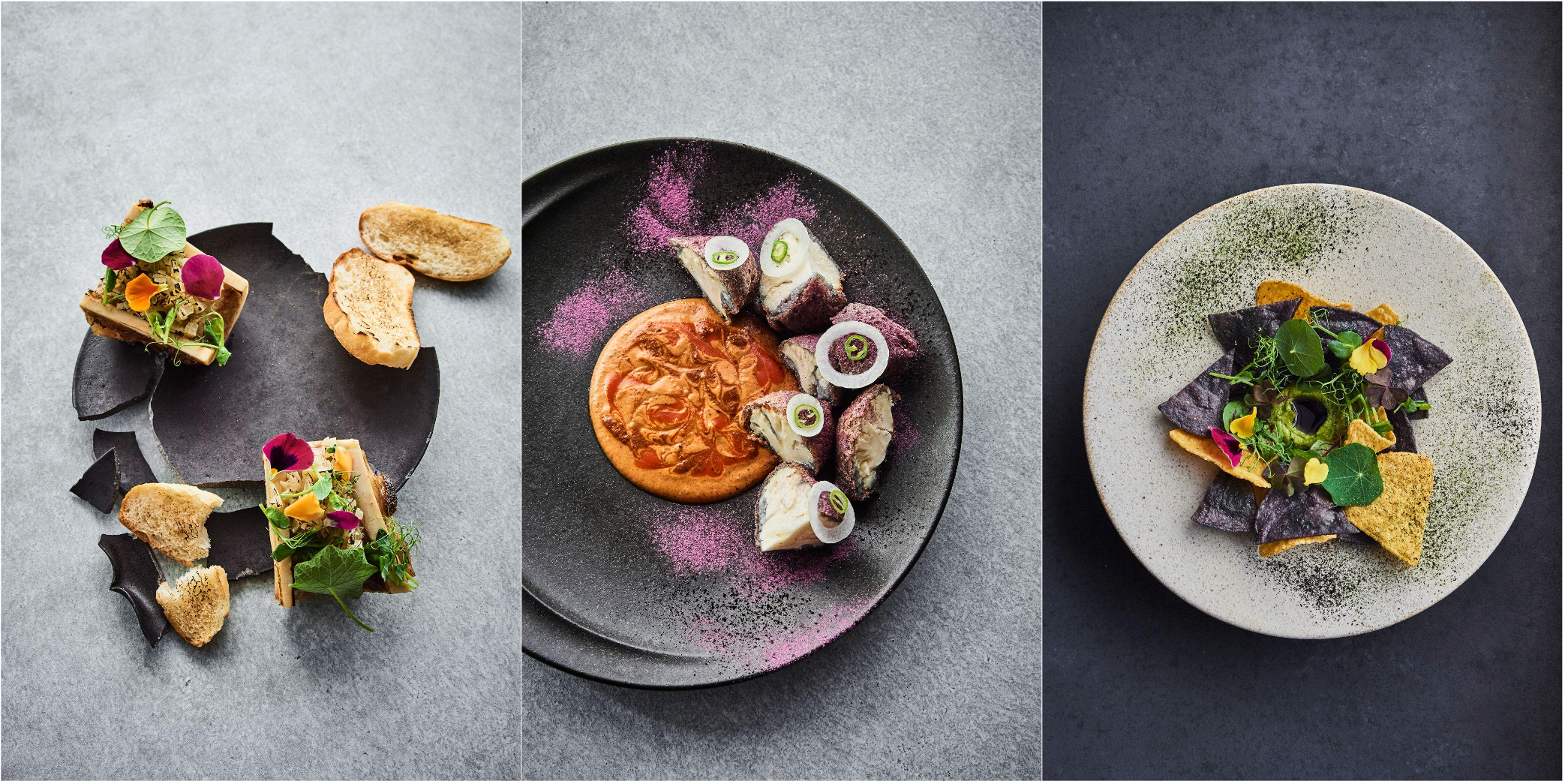 牛骨髄とトースト 1300円、カリフラワーのマサ包み焼きモレアルメンドラード 1600円、ワカモレナチョス 1600円