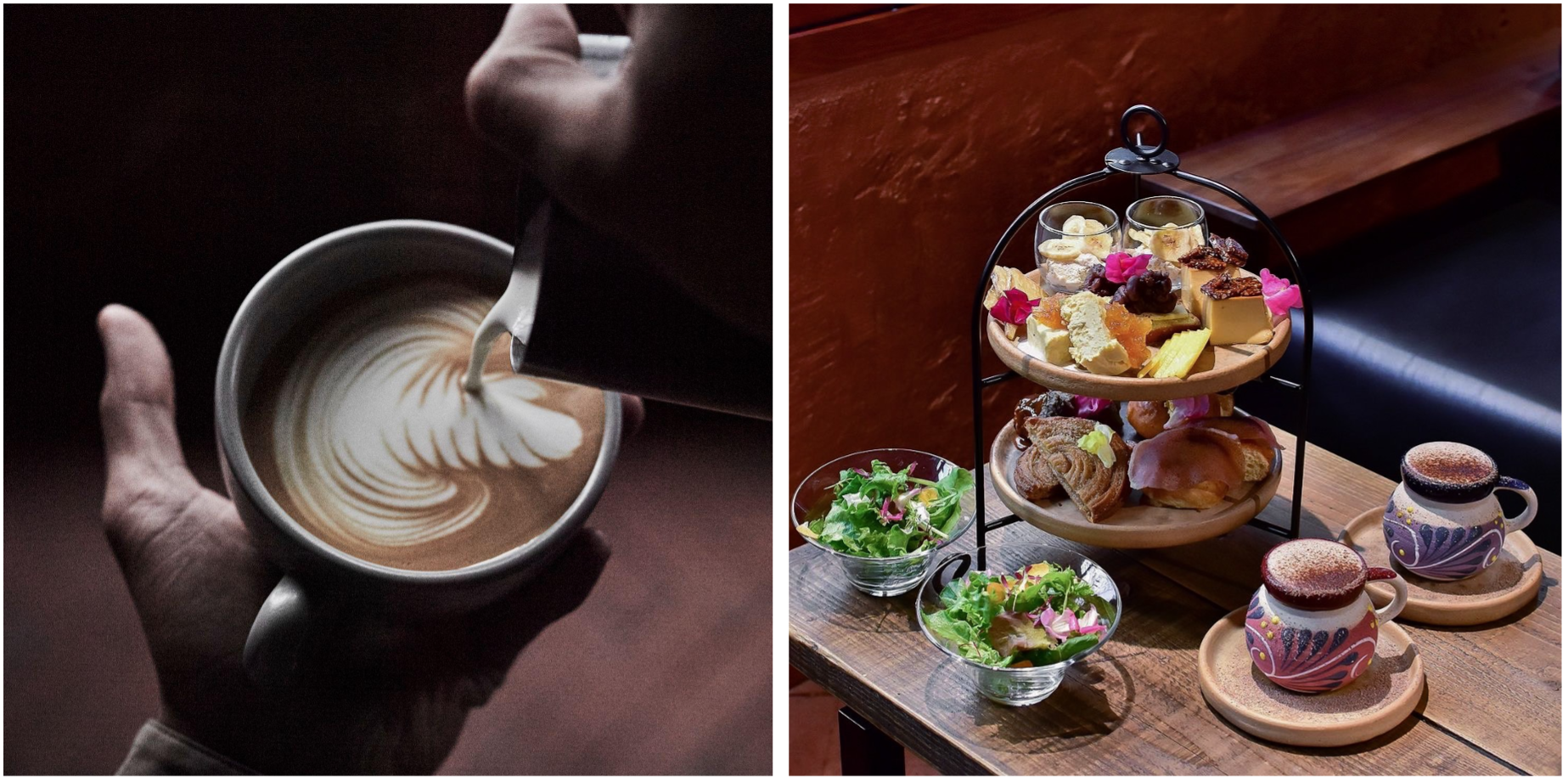 左／メキシコ豆コーヒー 税込600円〜  右／アフタヌーンティーセット 税込3,000円