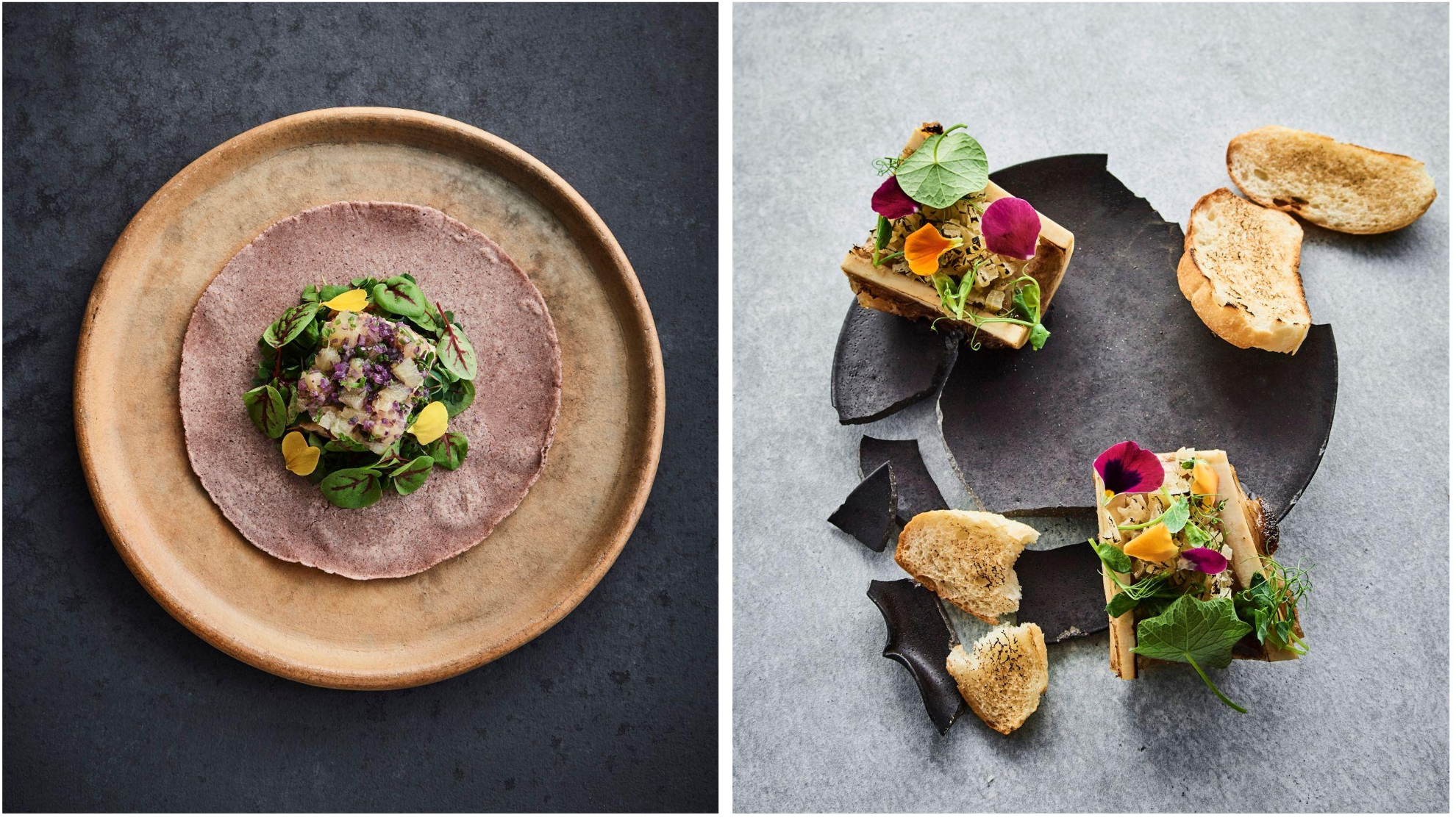 左／パストールタコス (豚、ヴィーガンミートからお選びいただけます) 税込1,200円 右／牛骨髄とトースト 税込1,300円